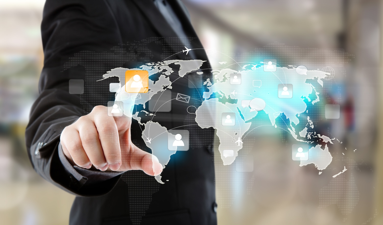 Social Network concept : Business man point to social network and world map